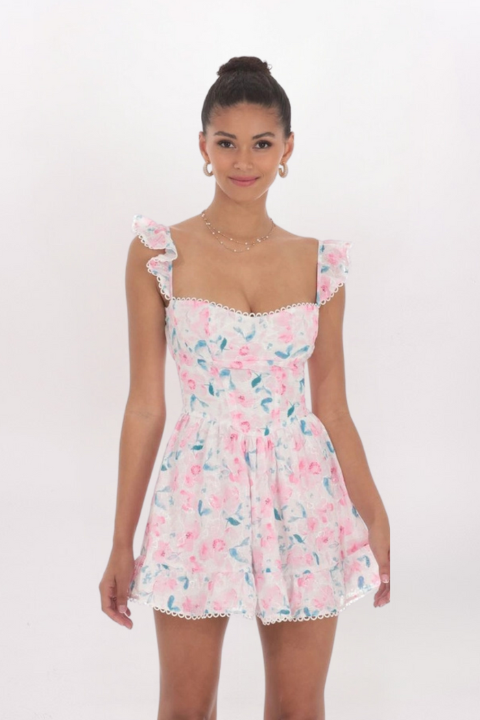 OPEN BACK TRIM DETAIL FLORAL DRESS