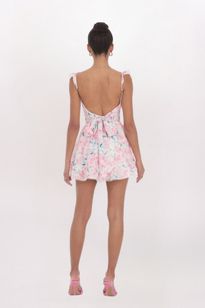 OPEN BACK TRIM DETAIL FLORAL DRESS