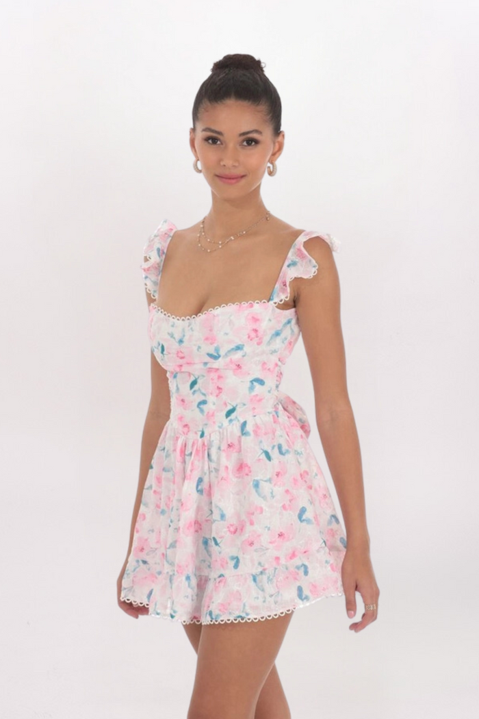 OPEN BACK TRIM DETAIL FLORAL DRESS