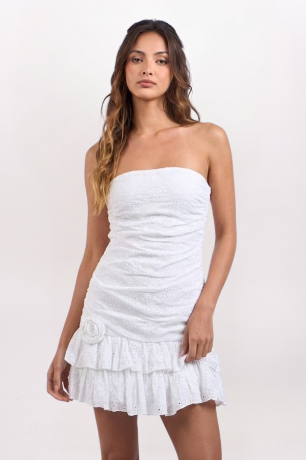 strapless eyelet dress Kalysta Mini This strapless dress features a midi fit and adorable eyelet detail Strapless Eyelet Bustier Mini Dress