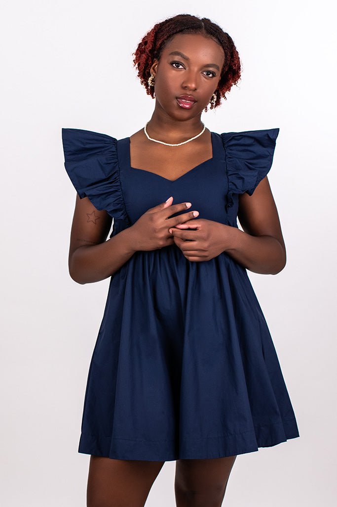 RUFFLE SLEEVE TIE BACK DRESS, NAVY