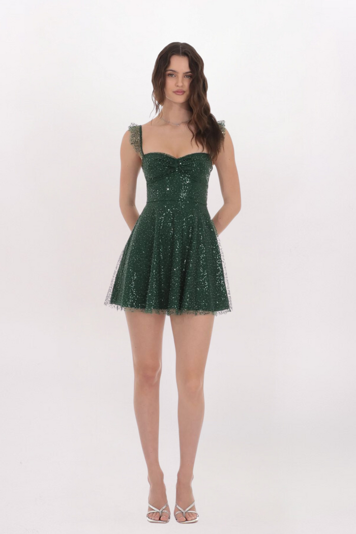 RUFFLE SEQUIN FLARE DRESS
