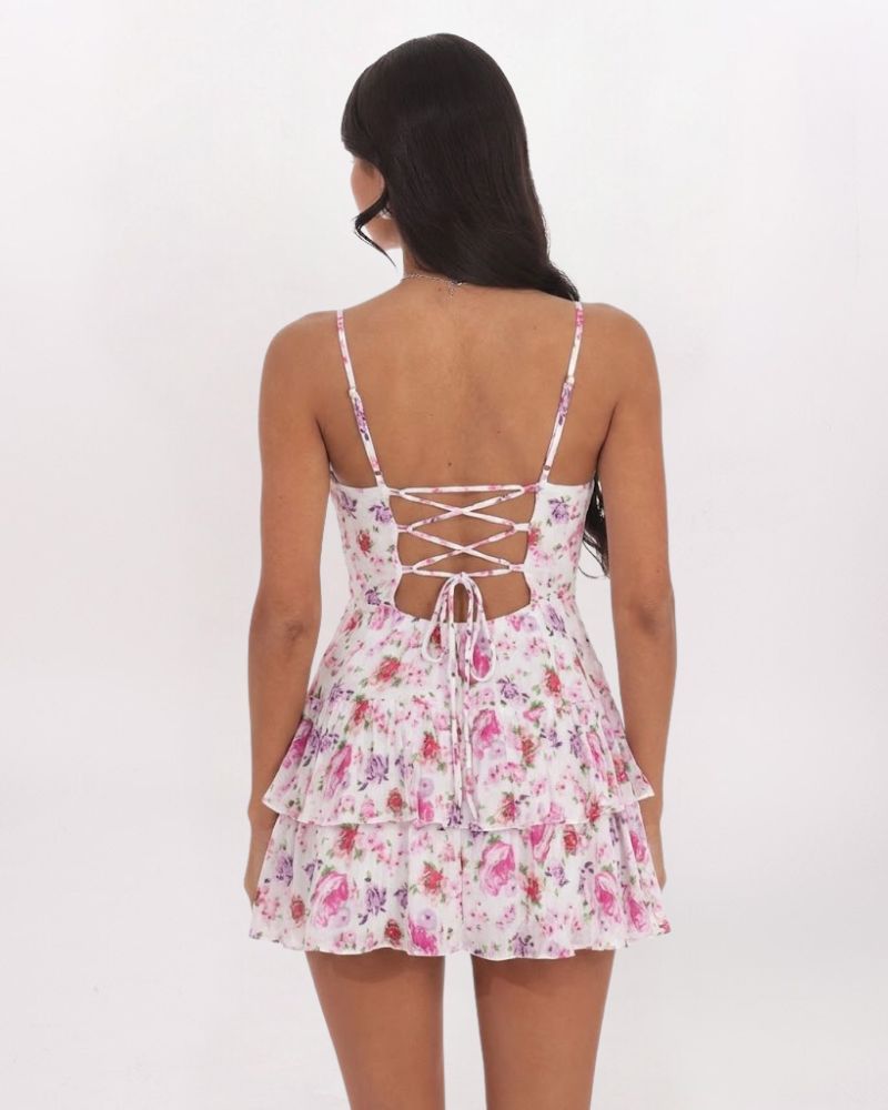 SL FLORAL RUCHED DTL CORSET MINI DRESS