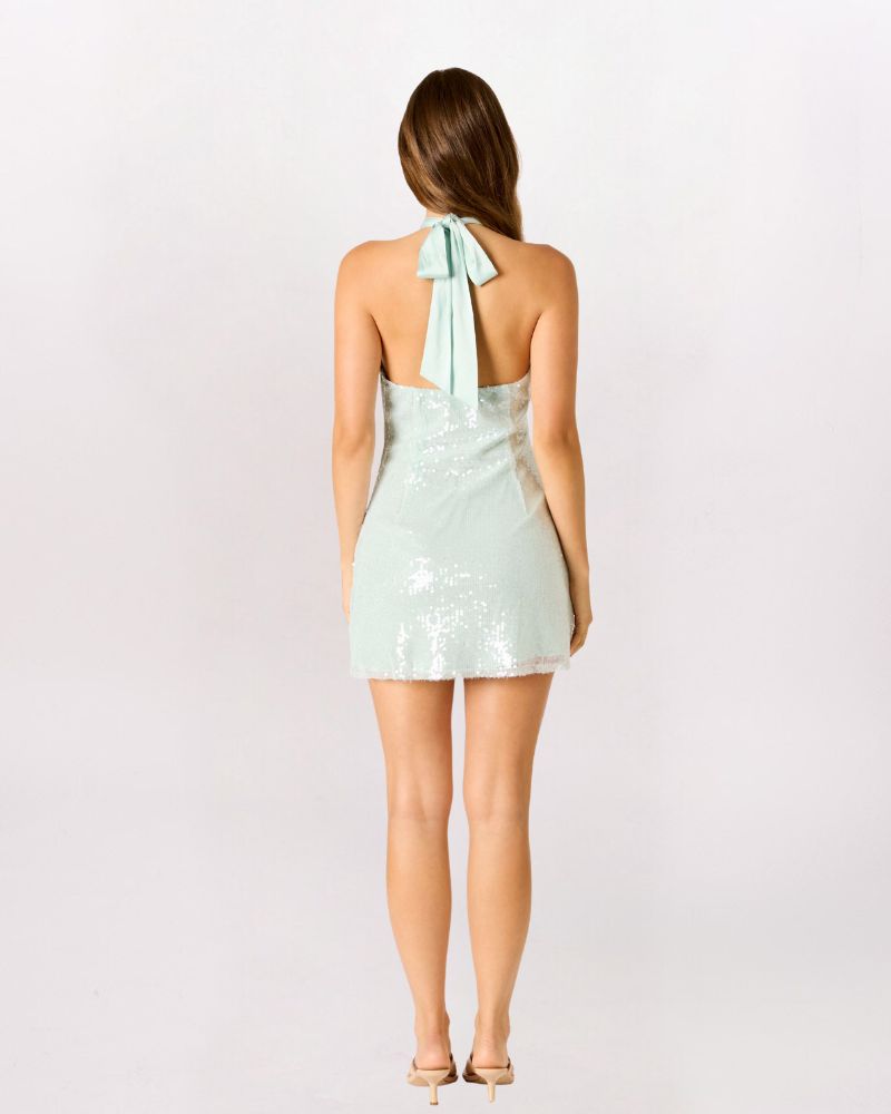 TWIST HALTER SEQUIN DRESS, MINT