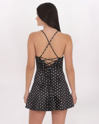 POLKA DOT SATIN LACED BACK FLARE DRESS, BLACK