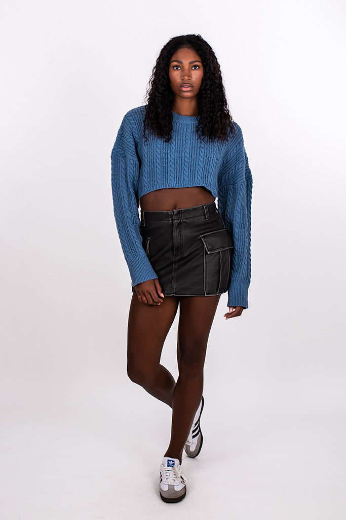 CABLE KNIT CROP SWEATER, VINTAGE BLUE