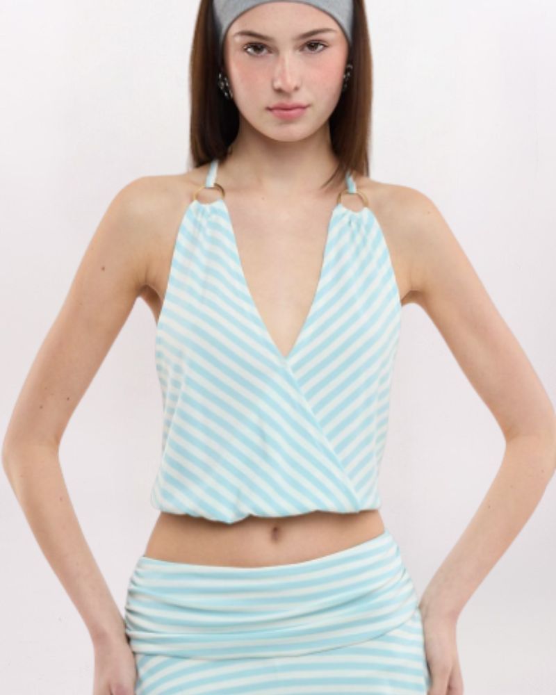 STRIPED O-RING HALTER TOP, LT BLUE