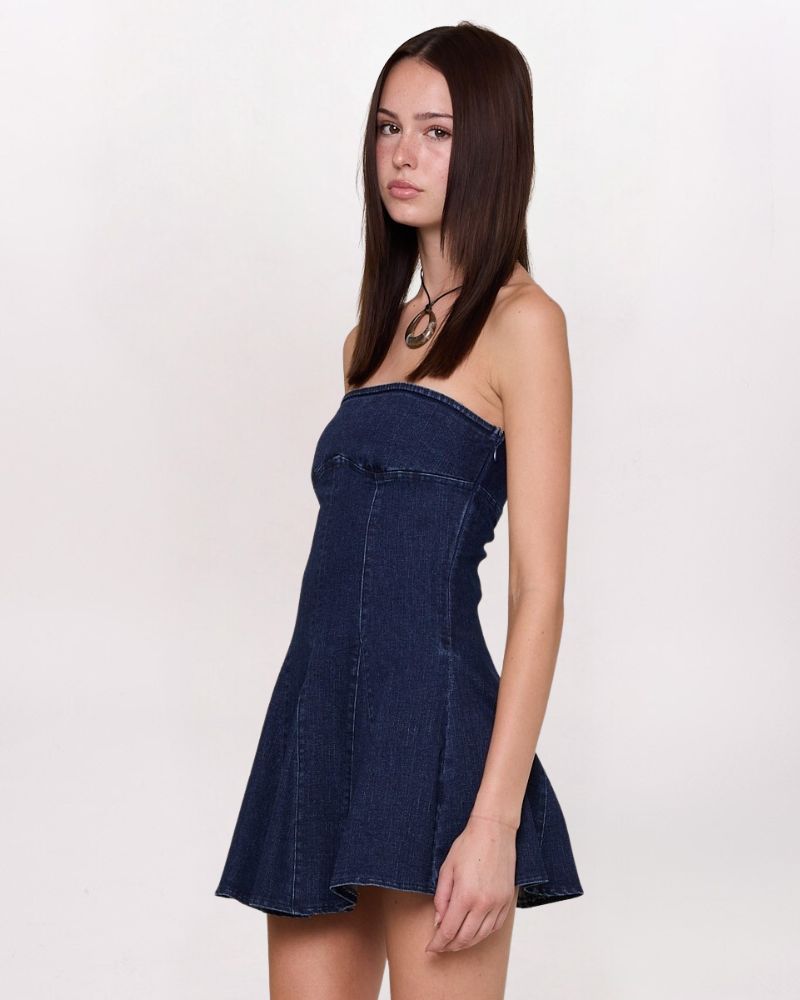 STRAPLESS PANELED DENIM DRESS, INDIGO