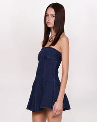 STRAPLESS PANELED DENIM DRESS, INDIGO