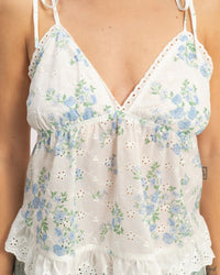 FLORAL EYELET BABYDOLL TANK, WHITE/BLUE