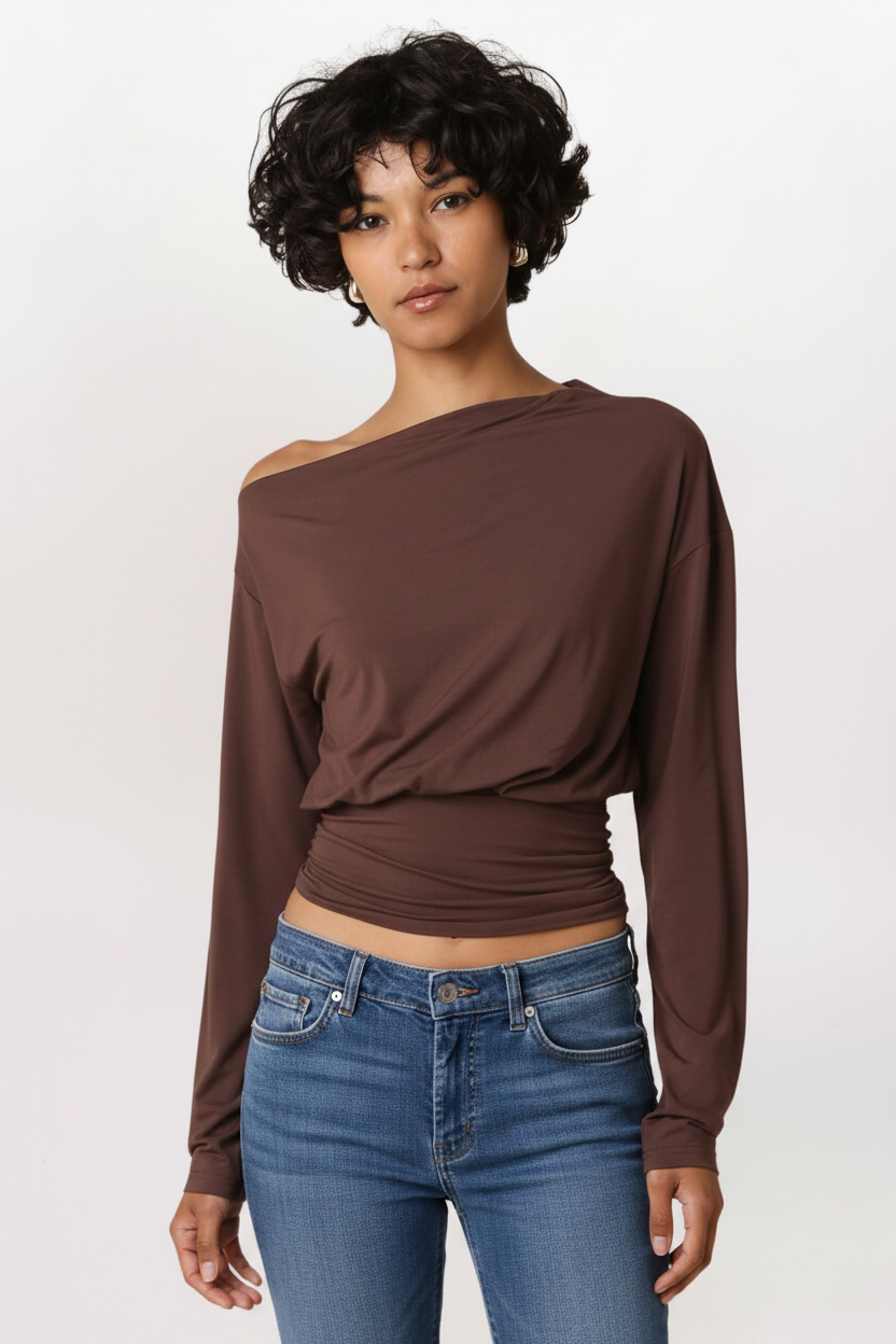 FITTED WAIST DRAPE TOP, BROWN
