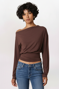 FITTED WAIST DRAPE TOP, BROWN