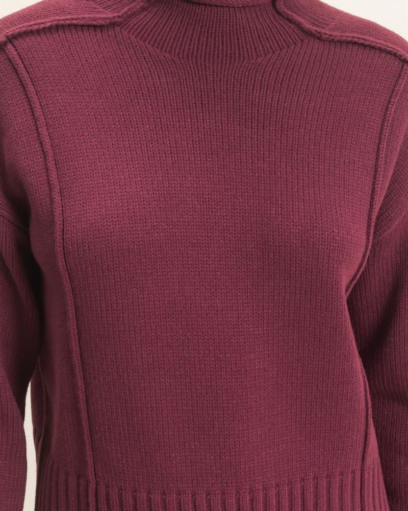 EXPOSED SEAMS MOCK NECK SWEATER, DK CHERRY