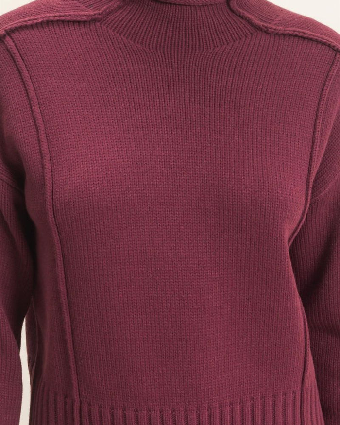 EXPOSED SEAMS MOCK NECK SWEATER, DK CHERRY