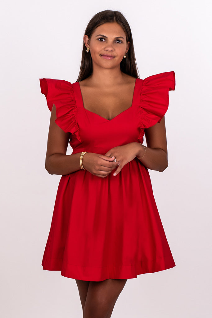 RUFFLE SLEEVE TIE BACK DRESS, RED