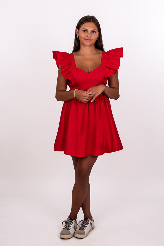 RUFFLE SLEEVE TIE BACK DRESS, RED