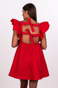 RUFFLE SLEEVE TIE BACK DRESS, RED