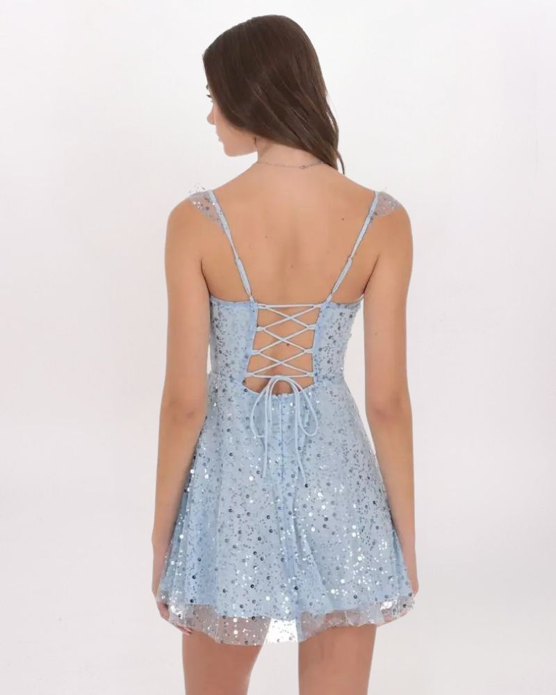 SEQUIN RUFFLE STRAP A-LINE DRESS