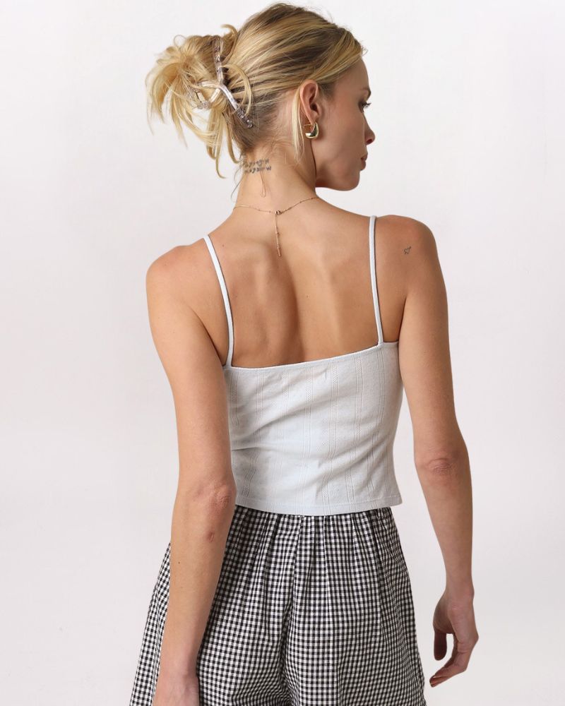 TIE FRONT POINTELLE TANK, BABY BLUE