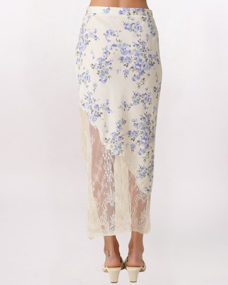 ASYMETRIC LACE HEM FLORAL MAXI SKIRT, CRM/LT BLUE
