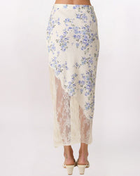 ASYMETRIC LACE HEM FLORAL MAXI SKIRT, CRM/LT BLUE