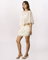 LACE HEM PULL ON SATIN SKIRT, LATTE