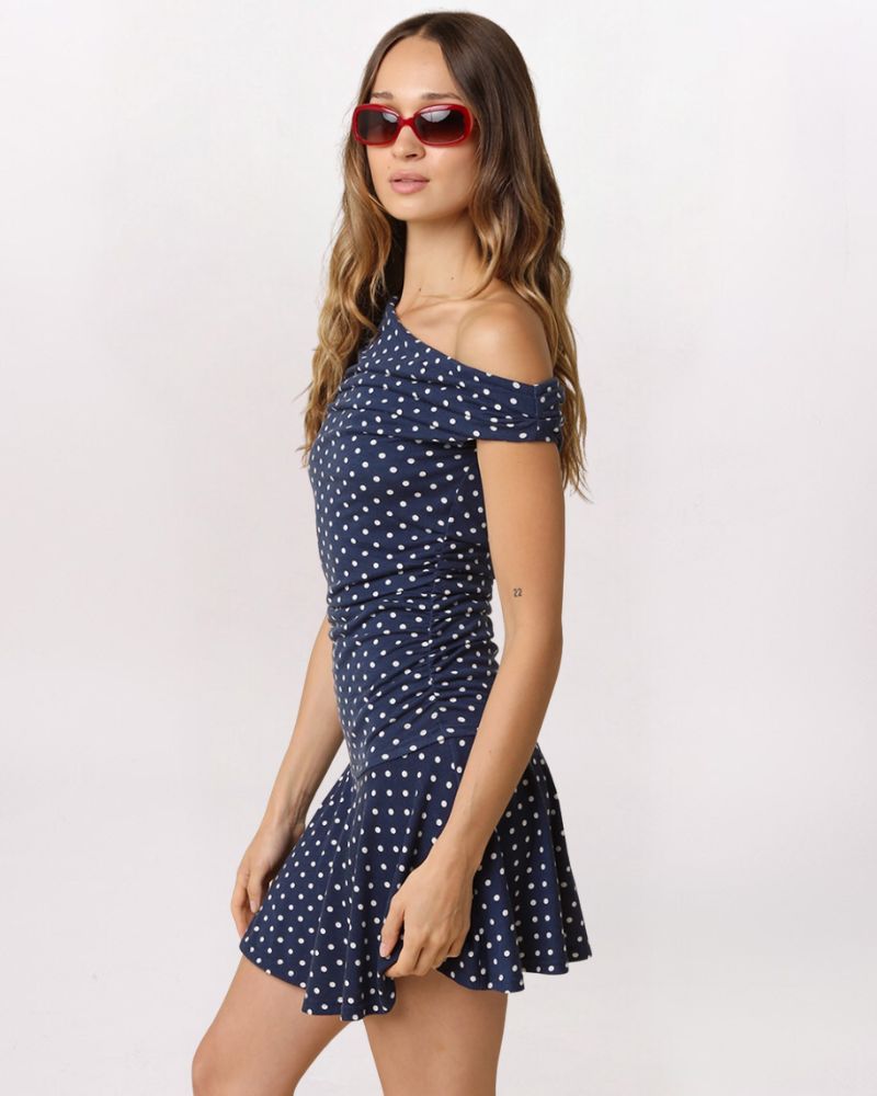 OFF SHOULDER POLKA DOT DRESS, NAVY/IVRY