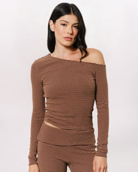 OFF SHOULDER STRIPE TOP, BRWN MULTI