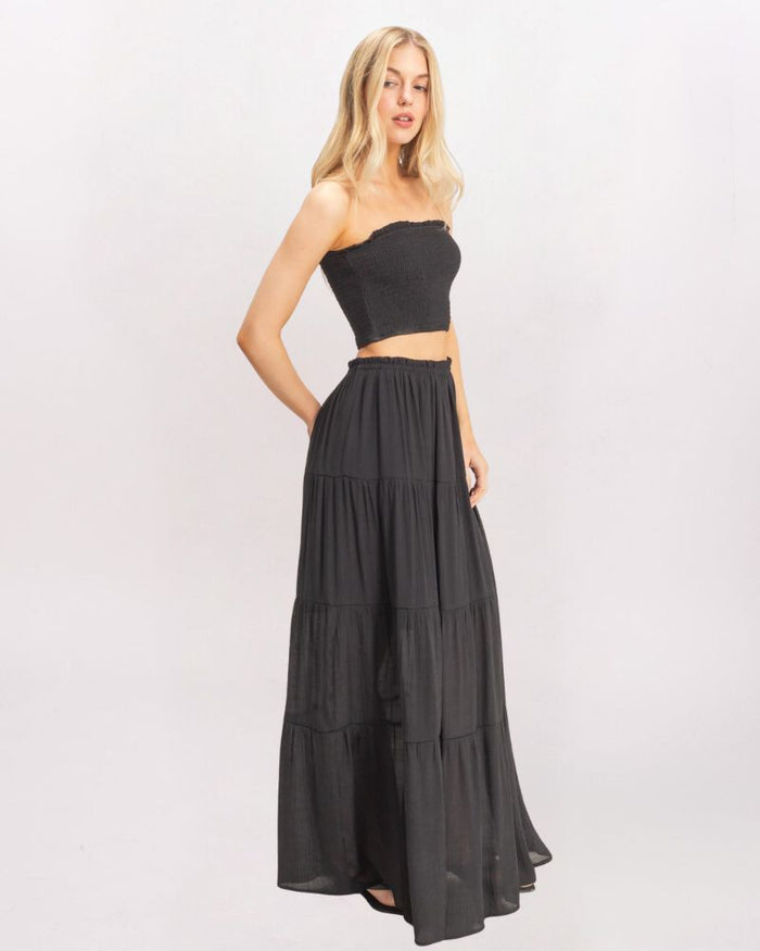 SMOCKED TUBE & MAXI SKIRT SET, BLACK