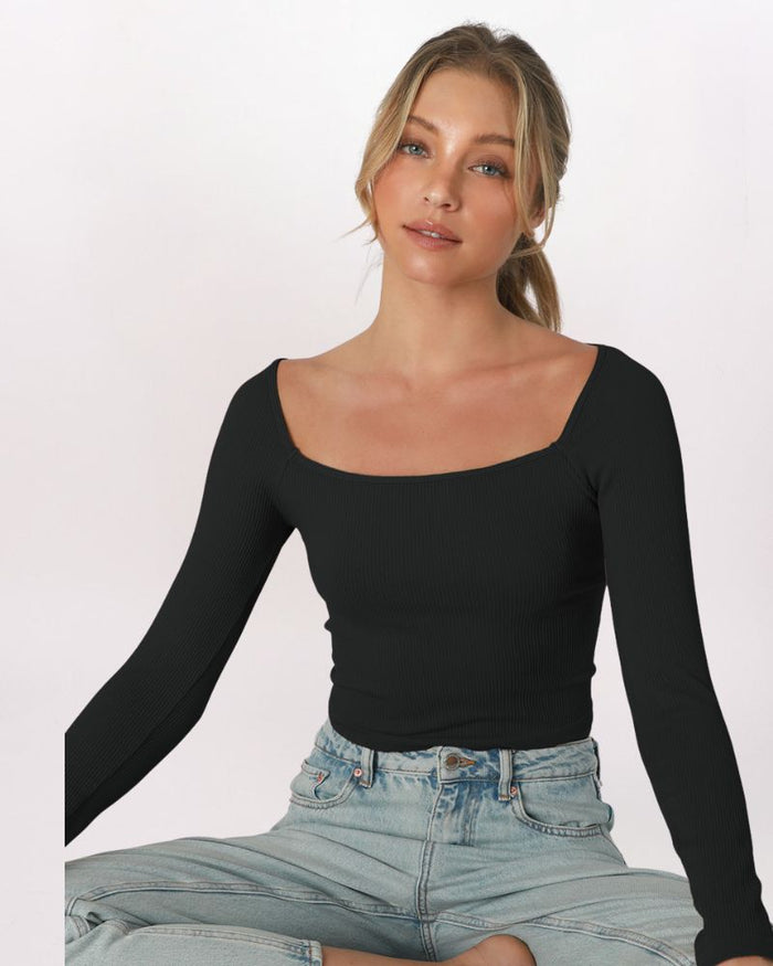 LS SQUARE NECK RIBBED TOP, BLACK