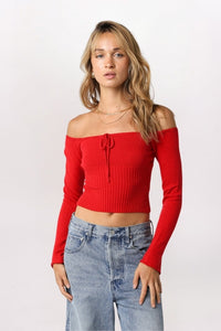 OFF SHOULDER SWEATER WITH TIES - RED