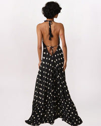 PLUNGE POLKA DOT HALTER MAXI DRESS, BLK/CRM