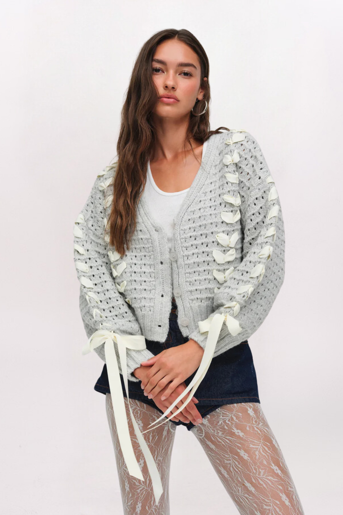 RIBBON DETAIL LAUREL CARDIGAN - GREY