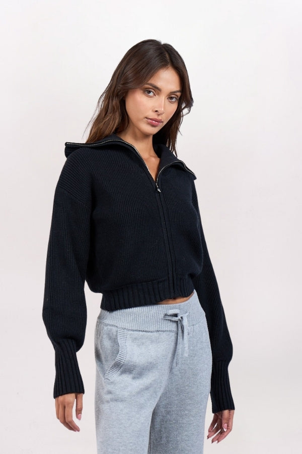 SHAWL COLLAR ZIP SWEATER - BLACK