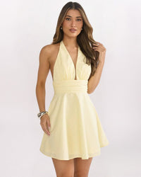 PLUNGE HALTER SWING DRESS, LEMON