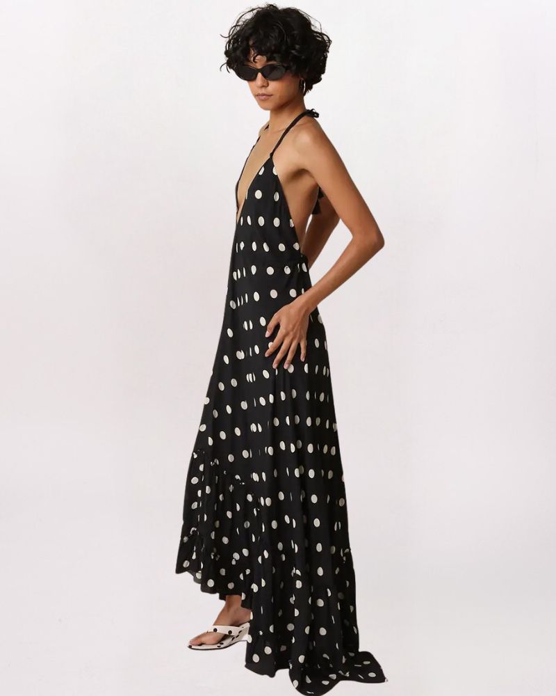 PLUNGE POLKA DOT HALTER MAXI DRESS, BLK/CRM