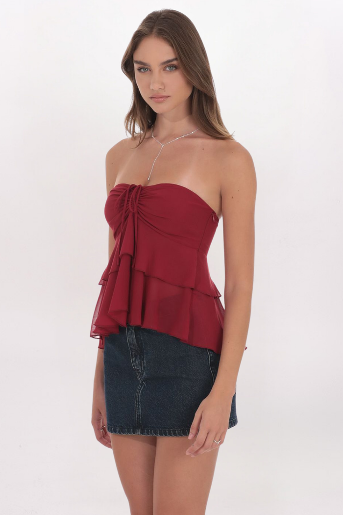STRAPLESS CHIFFON RUFFLE TOP