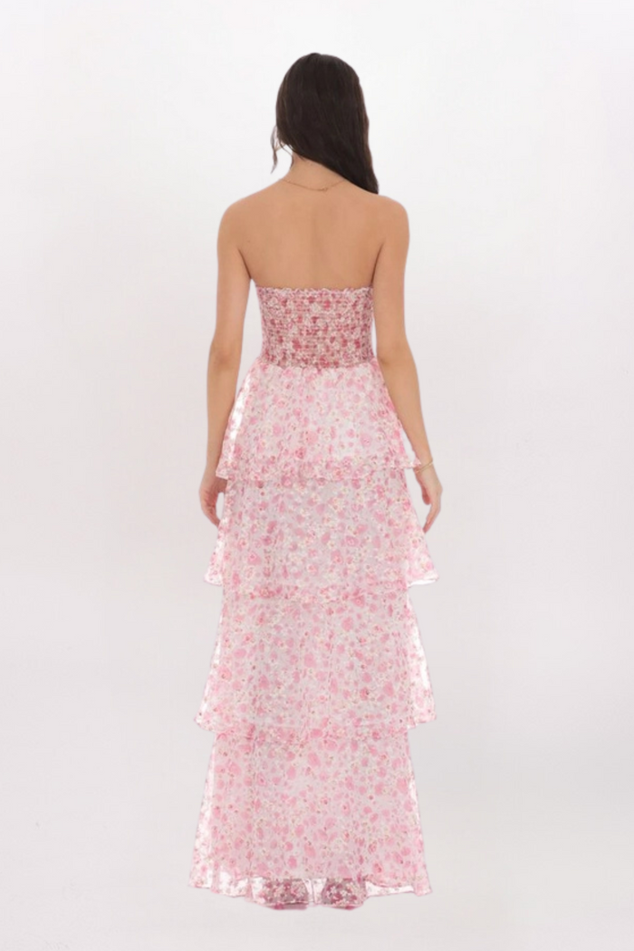 STRAPLESS SMOCKED FLORAL MAXI DRESS