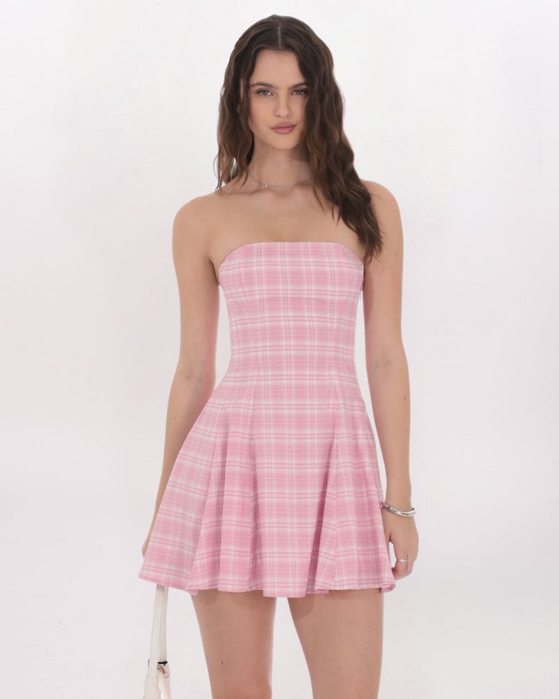 PLAID CORSET STRAPLESS DRESS, PINK