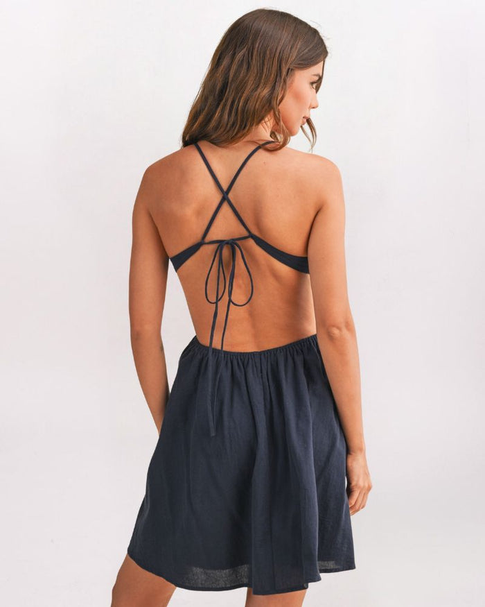 EMBROIDERED SHELL DETAIL STRAPPY BACK DRESS, NAVY