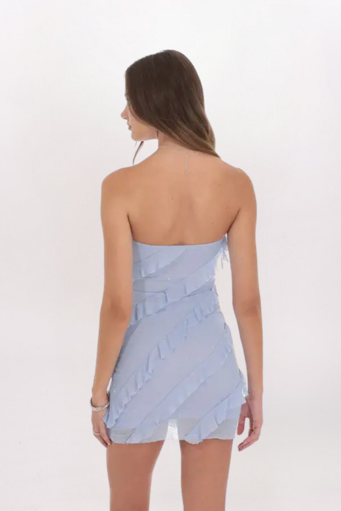 MESH RUFFLE RHINESTONE DRESS