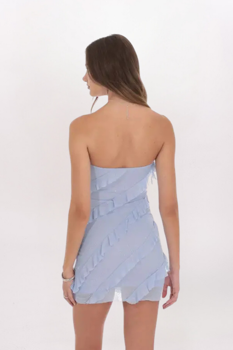 MESH RUFFLE RHINESTONE DRESS