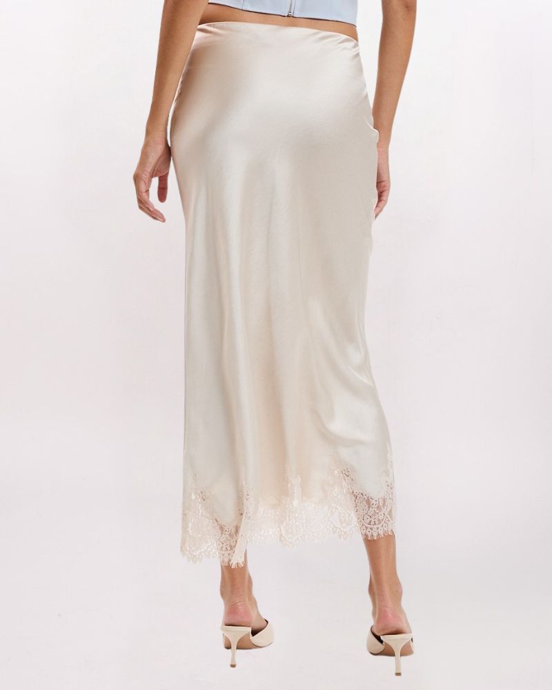 LACE HEM SATIN MAXI SKIRT, CHAMPAGNE