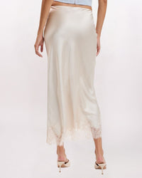 LACE HEM SATIN MAXI SKIRT, CHAMPAGNE