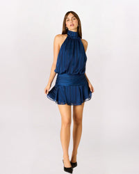 HIGH NECK STRIPED HALTER DRESS, NAVY