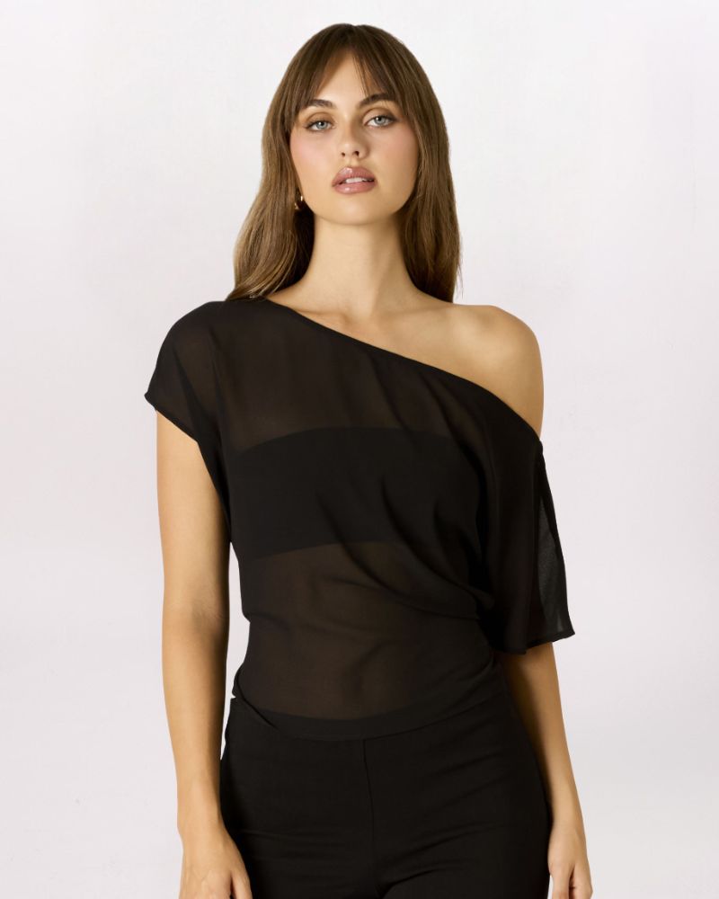 SHEER OFF SHOULDER TOP, BLACK