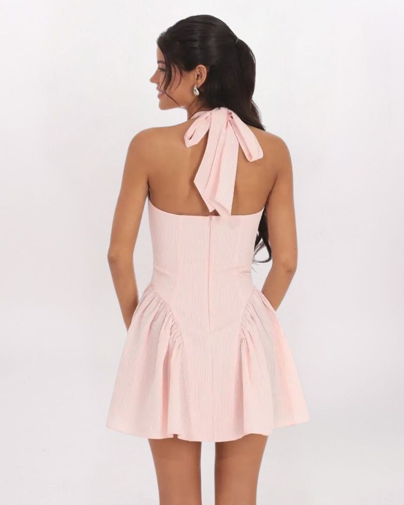 STRIPED CRINKLE HALTER DRESS