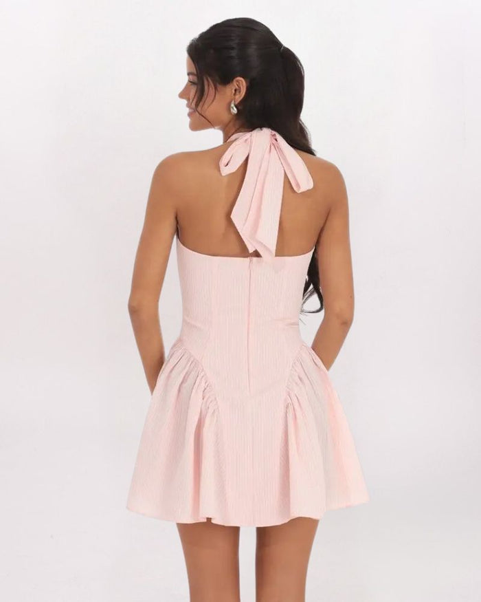 STRIPED CRINKLE HALTER DRESS