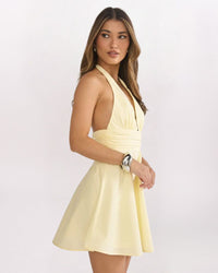 PLUNGE HALTER SWING DRESS, LEMON