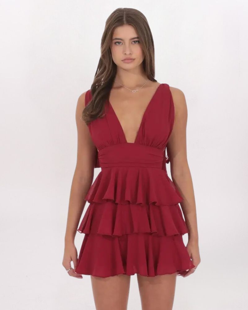 PLUNGE NECK RUFFLE DRESS